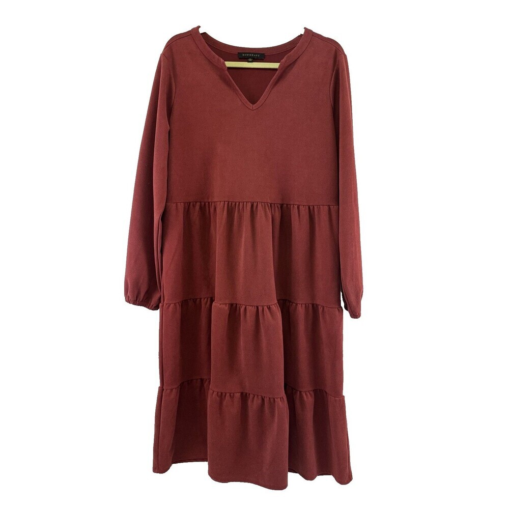 Downeast Tiered Dress Peasant Midi V-Neck Long Sleeve Red Rust Stretch Womens XL